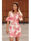 Cream dress with straps and sleeves in pink leaves PR3215 - Online store - Boutique